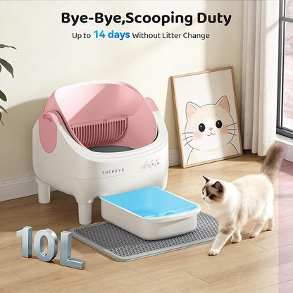 Thereye Self Cleaning Cat Litter Box, Open-Top Automatic Litter Box with APP Control, Safety Sensor and 10L Large Waste Bin, Smart Kitty Litter Boxes with Trash Bags and Mat for Multiple Cats