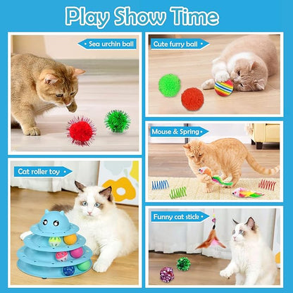 UPSKY 20 PCS Cat Toys - 3-Level Turntable Roller with Balls for Indoor Cats, Kitten Set with Teaser, Mice, Spring, and Various Ball Toys