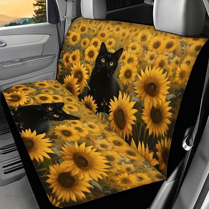 AFPANQZ Black Cat Sunflower Car Rear Seat Covers Set Universal Fabric Cloth Car Seat Cover Automatic Backseat Protector Fit SUV Truck Van Dog Back Seats Protection Dust-Proof Washable