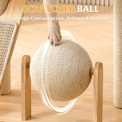 HITTITE Solid Wood Cat Tree Tower with Scratching Post, 36.6 Inches Tall Cat Towers with Scratching Board and Scratcher Ball, Modern Cat Tower With Space Capsule and Hand-Woven Basket for Indoor Cats.