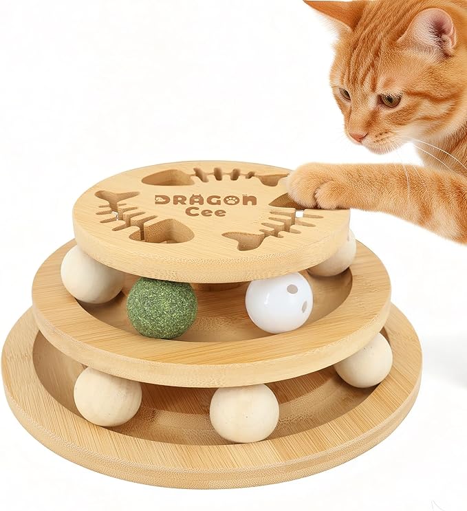 Cat Ball Track Toy with Puzzle Top, Interactive Cat Toys for Indoor Cats with Spinning Balls, Wooden Cat Ball Tower Toy for Kitten Kitty Exercise Mental Physical
