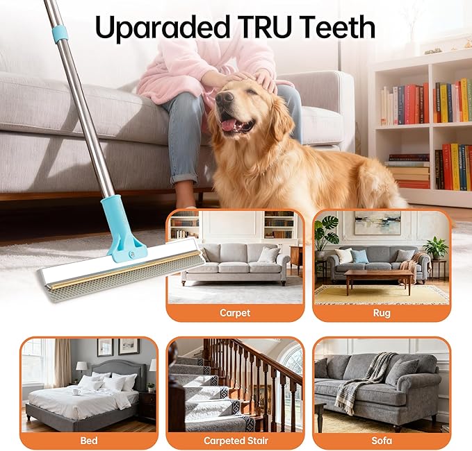 Carpet Rake for Pet Hair Removal - Reusable Uproot Clean Pet Hair Remover, 63” Adjustable Long Handle Cat Dog Carpet Rake Scraper, Dog Hair Rake Brush for Rugs, Mats, Couch