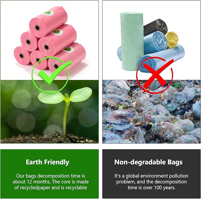 Biodegradable Pink Dog Poo Bags Lavender scent with Dispenser - 300 Large Poop Bags, Extra Thicken Strong Corn Starch Blended Compostable Leak Proof Poop Waste Bag for Dogs