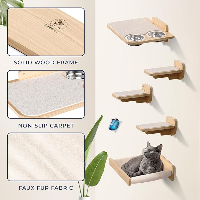Space-Saving Cat Wall Shelves – Interactive Cat Wall Climber with Hammock & Dog Proof Feeding Station for Small & Medium Indoor Breeds – Solid Natural Wood with Beige Carpet