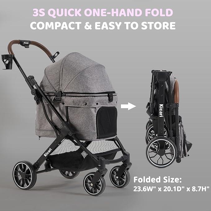 All-Terrain Dog Stroller for Small to Medium Dogs, Pet Stroller for Dogs & Cats Outdoor Walks, One-Hand Easy Fold, Double-Layer Anti-UV & Waterproof Canopy & Breathable Mesh, Charcoal Gray