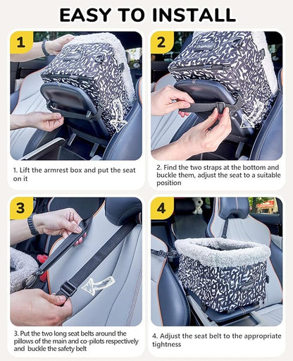 BurgeonNest Center Console Dog Car Seat for Small Dogs, Puppy Cat Car Seat Booster with Soft Cushion Safety Belt, Seats Safe & Cozy Metal Frame Armrest Dog Booster Pet Under 11 lbs (Graffiti)