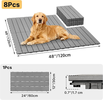 Veehoo Outdoor Flooring Decking for Dog Kennels, 4' x 4' Waterproof Dog Training Platform, Portable Deck for RV, Pet Enclosures,Grey (24 x 12 inches, 8PCS)
