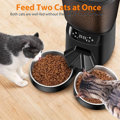 Automatic Cat Feeder and Water Dispenser Set, 5L/20 Cups Timed Cat Dry Food Dispenser, 2L Cats Water Fountain for Drinking with Filter, 10s Meal Call, 20 Portions 6 Meals Per Day