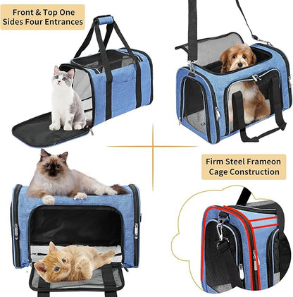 Soft-Sided Cat/Dog/Pet Carrier, Collapsible Pets Travel Carriers for Big Cats/Small Dogs with Shoulder Strap & Removable Mat, Mesh Puppy Carry Bag, Up to 16 Lbs, TSA Airline Approved(Blue)