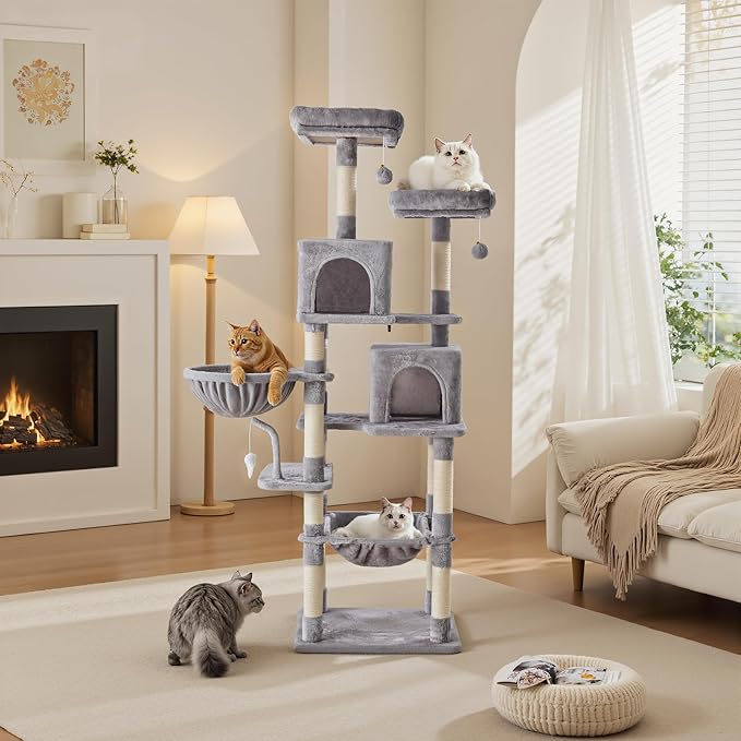 DUMOS Tall 71 inch Cat Tree Tower, Large Multi Level Cat Climbing Tower with Condo, Natural Sisal Scratching Posts, Platform, Hammock, Basket, Pet Tree House for Indoor Cats Play, Light Grey