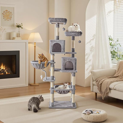 DUMOS Tall 71 inch Cat Tree Tower, Large Multi Level Cat Climbing Tower with Condo, Natural Sisal Scratching Posts, Platform, Hammock, Basket, Pet Tree House for Indoor Cats Play, Light Grey
