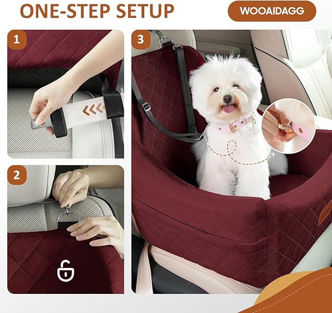 WOOAIDAGG Dog Car Seat for Medium Sized Dogs Up to 40lbs,Comfy Pet Travel Car Bed with Seat Belt Channle,Fully Detachable and Washable,Adjustable Straps,2 Side Pockets,Easy to Install (Red)