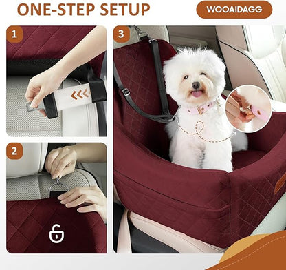 WOOAIDAGG Dog Car Seat for Medium Sized Dogs Up to 40lbs,Comfy Pet Travel Car Bed with Seat Belt Channle,Fully Detachable and Washable,Adjustable Straps,2 Side Pockets,Easy to Install (Red)