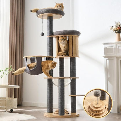 Modern Cat Tree Tower with Scratching Post, 61.5in Tall Cat Tree for Indoor Cats, Multi-Level Solid Wood Cat Furniture with Cozy Cat Beds, Cat Condo, Hammock, Capsule Nest, Turntable Toy, Gray