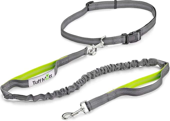 Tuff Mutt Hands Free Dog Leash for Walking Running Hiking, Waist Leash with Bungee, Adjustable Belt, Reflective Double Handle Design for Large Medium Dogs
