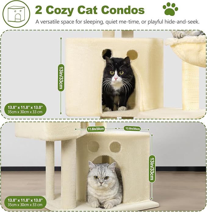 Small Cat Tree Tower for Indoor Cats, 40 in Medium Multi-Level Compact Cat House Bed with 2 Condos, Large Platform Perch, Sisal Scratching Post, Hammock, Cat Climbing Stand for Kitty Kitten(Beige)