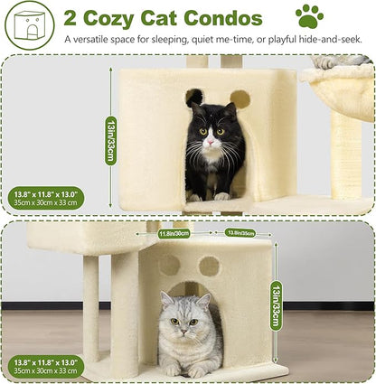 Small Cat Tree Tower for Indoor Cats, 40 in Medium Multi-Level Compact Cat House Bed with 2 Condos, Large Platform Perch, Sisal Scratching Post, Hammock, Cat Climbing Stand for Kitty Kitten(Beige)