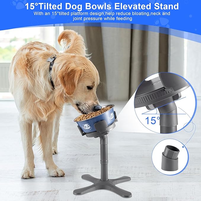 Dog Bowls,Elevated Adjustable Dog Bowl Stand with 3 Heights & Tilted Feeding Design, Raised Stand Compatible with Medium & Large Breeds(1 Pack) Grey