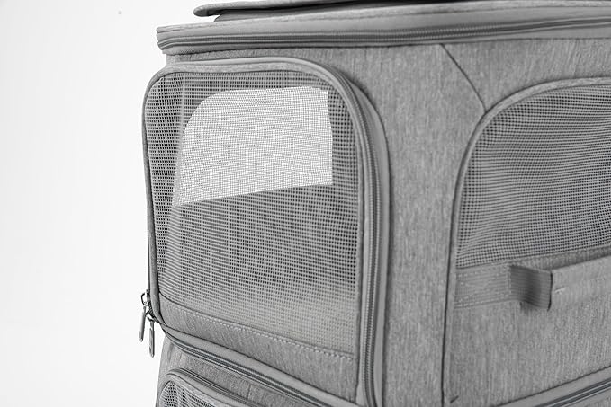 Rolling Pet Carrier for 2 Pets,Double-Compartment Pet Rolling Carrier with Wheels for 2 Pets,for Up to 22 LBS,Super Ventilated Design,Ideal for Traveling/Hiking/Camping (Grey)
