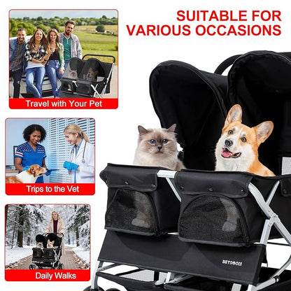 Double Pet Stroller for 2 Small Dogs & Cats, Side-by-Side Twin Travel Carriage with Safety Leashes, Mesh Windows & Double Storage Baskets, Lightweight & Foldable, 44lbs Capacity, Black
