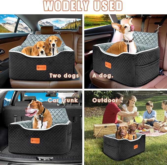 AlfaTok Memory Foam Booster Dog Car Seat for Medium Dogs (Under 45LBS): Elevated, Detachable Washable, Anti-Slip, for Car Back Seat, Travel Pet Bed with Seat Belt