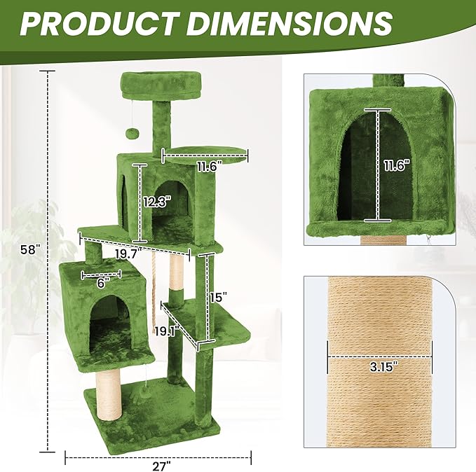58in Large Cat Tree Tower for Indoor Cats with Soft Plush Hang Ball, Two Condos, Sisal Scratch Posts & Rope Play for Kittens/Adult Cats, Green
