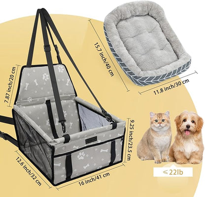 PetsHome Dog Car Seat Foldable Dog Car Booster Seat Waterproof Breathable Oxford Travel Bag for Small to Medium Dogs, Puppies, and Pets-Pattern Grey+Mat