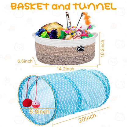 Leitee 38 Pcs Cat Storage Basket Gift Toy Set Kitten Toys Assortments, Including 2 Way Tunnel, Bell Crinkle Balls Spring Feather Teaser Sisal Ball Simulated Fish, Interactive for Indoor Pet