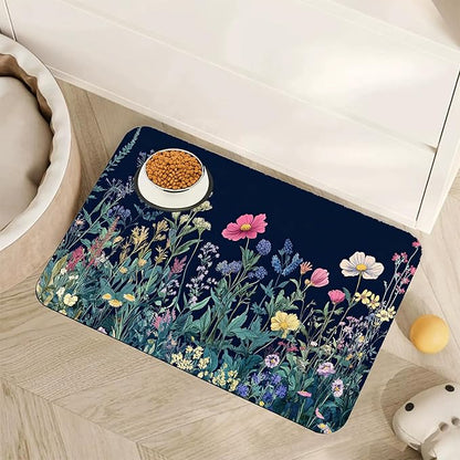Wildflower Spring Floral Dog Cat Food Mat,Garden Flowers Absorbent Pet Feeding Mat for Food and Water,Non-Slip Dog Bowl Mats Floor Protector 16"x24"
