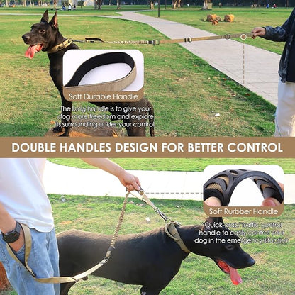 Hotsky Tactical Dog Leash Heavy Duty for Medium Large Dogs that Pull,4-6Ft Strong Bungee Shock Absorbing No Pull Dog Leash with Padded Double Handle and Car Seatbelt,Khaki