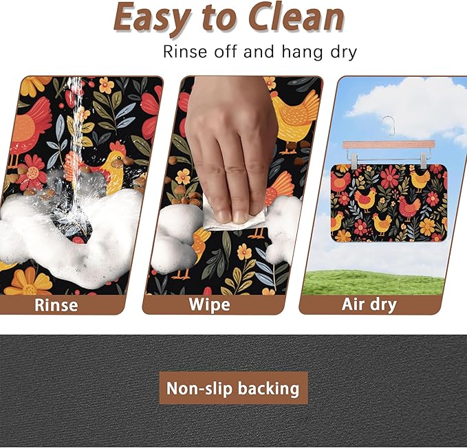 Chicken Rooster Hen Flower Meadow Dog Cat Food Mat,Absorbent Pet Feeding Mat with Rubber Backing,Non-Slip Water Bowl Placemat,Indoor Pet Accessories Supplies 12"x20"