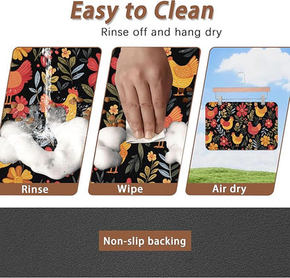 Chicken Rooster Hen Flower Meadow Dog Cat Food Mat,Absorbent Pet Feeding Mat with Rubber Backing,Non-Slip Water Bowl Placemat,Indoor Pet Accessories Supplies 12"x20"