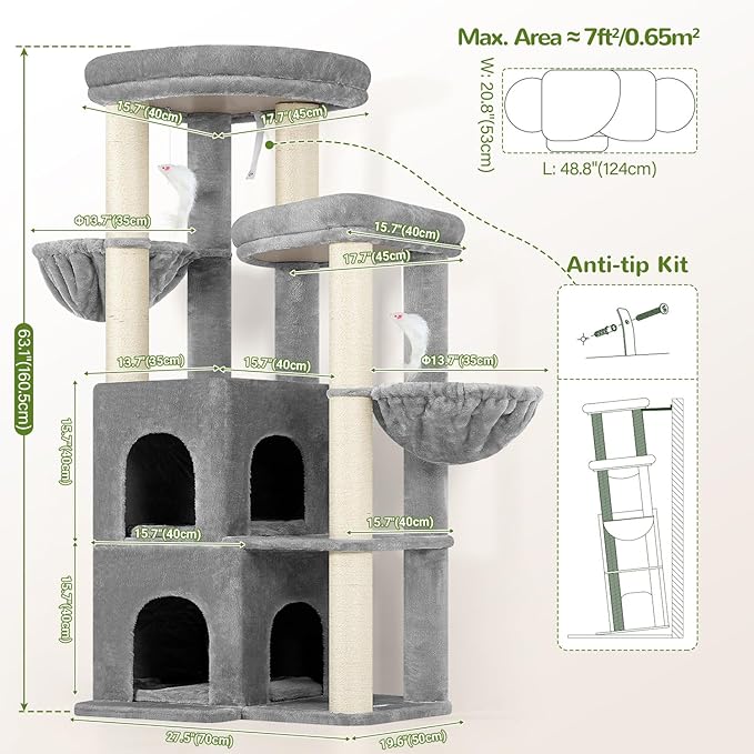 Globlazer Cat Tree Tower for Indoor Cats, Sturdy Adult Cat Tree House for Large Adult Cats with 2 Platform, 6 Cat Scratching Post, 2 Cat Caves, Dangling Toys, S63, 63 inch, Light Grey