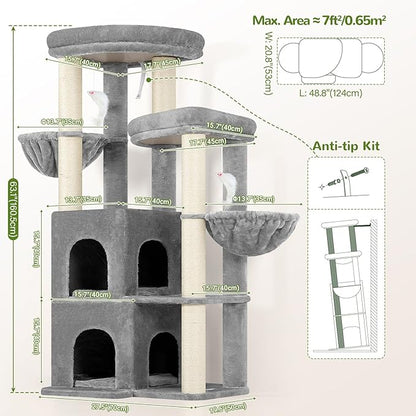 Globlazer Cat Tree Tower for Indoor Cats, Sturdy Adult Cat Tree House for Large Adult Cats with 2 Platform, 6 Cat Scratching Post, 2 Cat Caves, Dangling Toys, S63, 63 inch, Light Grey
