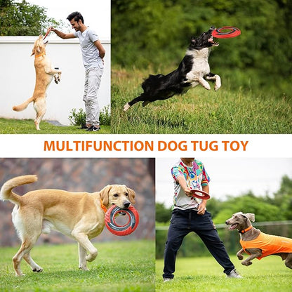 SKIPDAWG Interactive Dog Tug Toy, Dog Flying Disc Floats in Water to Keep Them Busy, Outdoor Pet Toys for Dogs Exercise Training Safe Light TPR/Nylon Fabric, Diameter 9 Inch Red Color