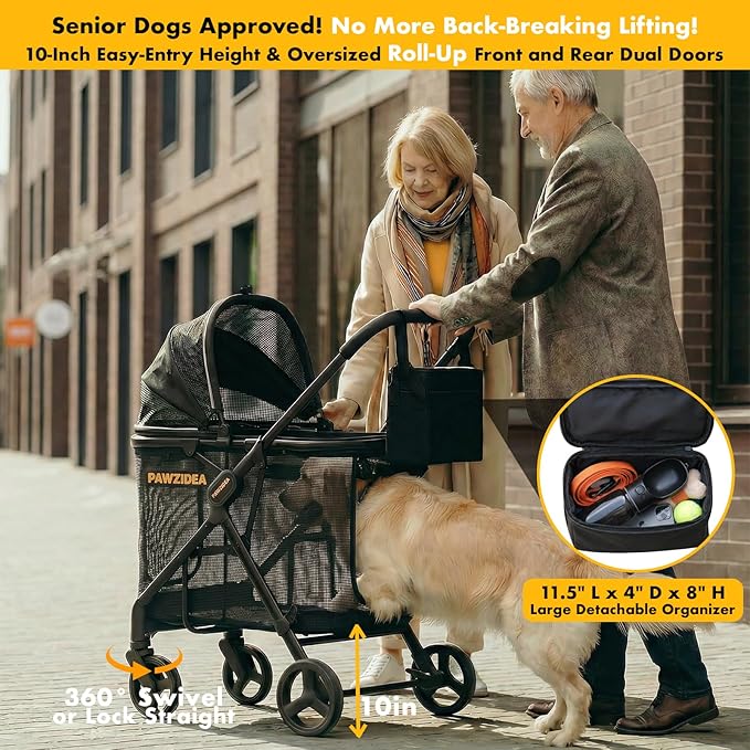 PAWZIDEA Dog Stroller for Large Dogs up to 80 lbs, Lockable No-Zip 180° Reversible Canopy, One-Hand Foldable Pet Stroller for 2 Medium Dogs, All-Terrain Jogger Wheels, Storage Organizer, Chew-Proof