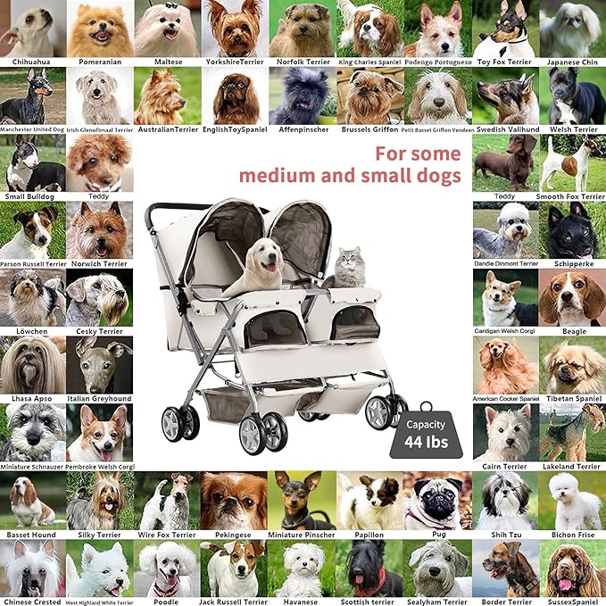 Double Pet Stroller, Foldable Stroller for 2 Dogs & Cats, Two-Seater Carrier Twin Dog Walk Jogger Travel Pet Carriage Cart with Storage, Gray