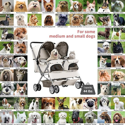 Double Pet Stroller, Foldable Stroller for 2 Dogs & Cats, Two-Seater Carrier Twin Dog Walk Jogger Travel Pet Carriage Cart with Storage, Gray
