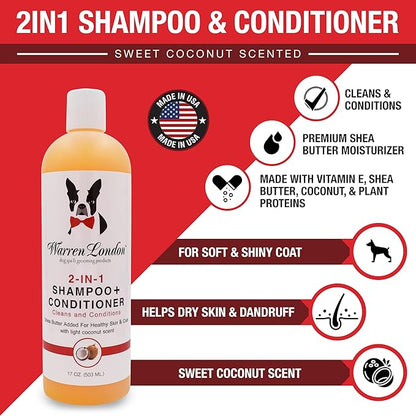 Warren London 2 in1 Pet Shampoo and Conditioner for Dogs, Puppys, & Cats | Best Dog Shampoo and Conditioner for Dry Itchy Skin | Dandruff Shampoo for Cats & Dogs | Made in USA | 17oz