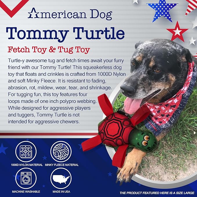 American Dog Tommy Turtle – Durable Fetch & Tug Dog Toy Made in USA from Pet-Safe, Machine-Washable 1000D Nylon and Minky Fleece for Bonding, Play Time, Mental Stimulation, Exercise, Training, & More