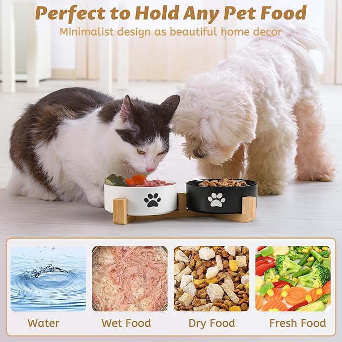 Dog Bowls, Non Slip Heavy Ceramic Dog Food and Water Bowl, Pet Feeding Bowl for Cats, Puppies and Small Dogs (2 Bowls+ 1 Stand-Black and White, 5.1 Inches)