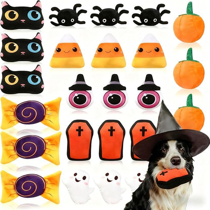 24 Pcs Halloween Dog Squeaky Bulk Halloween Bat Spider Stuffed Plush Cat Interactive Stuffed Dog Chew for Small Medium Pets Teething Cleaning and Training