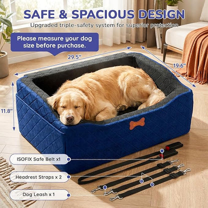 Dog Car Seat for Medium Large Dogs, 4" Elevated Dog Booster Seat with ISOFIX Safety Fixation, Washable Cover & High Density Memory Foam, Portable for Car Front/Rear/Trunk Home Outdoor Use (Navy Blue)