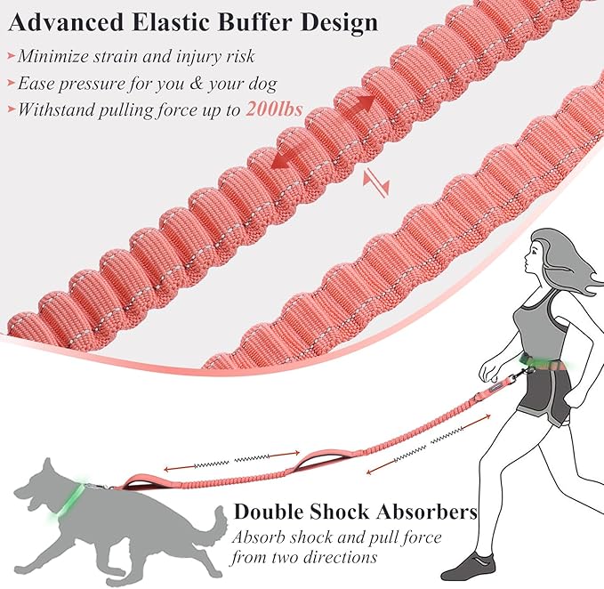 VIVAGLORY Hands Free Dog Leash Bungeetwin Running Dog Leash with Waist Belt for Running Walking & Jogging, Bungee & Around Waist for Pet, S, Pink/Grey