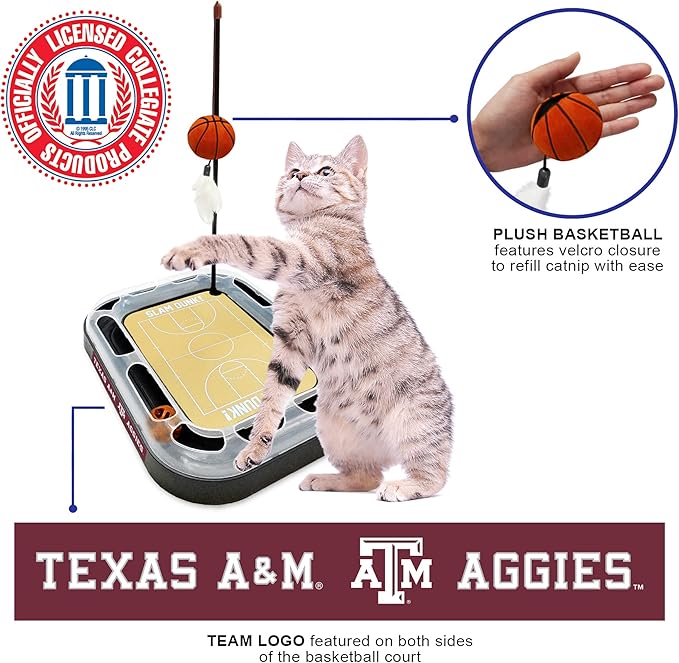 Aggies REVERSIBLE Basketball Court Cat Scratcher with Interactive Cat Ball - 6-in-1 CAT TOY Wand, CatNip Plush Basketball