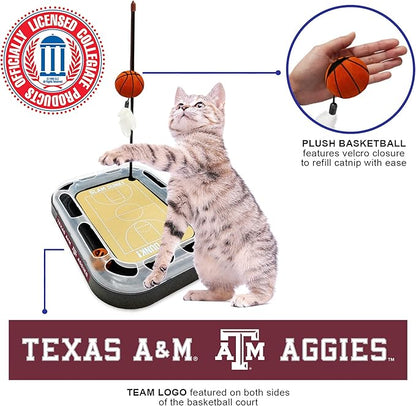 Aggies REVERSIBLE Basketball Court Cat Scratcher with Interactive Cat Ball - 6-in-1 CAT TOY Wand, CatNip Plush Basketball