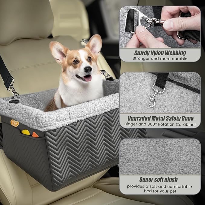 Leather Dog Car Seat for Small Dogs Under 20lbs, Dog Booster Seat with Metal Frame Construction Double-Layer Oxford Puppy Car Seats with Safety Leash Perfect for Small Pets Dogs Cats