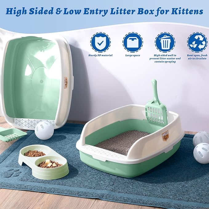 Sliner 7 Pcs Kitten Litter Box Starter Kit, 2 Plastic Small Kitty Litter Box Training Low Entry with Scoop, 2 Double Cat Bowl and Mat for Kitten Indoor(Green)