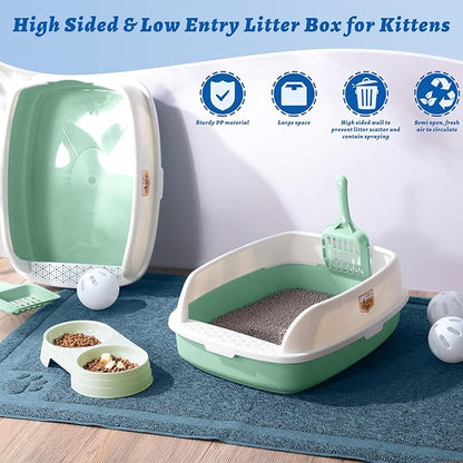 Sliner 7 Pcs Kitten Litter Box Starter Kit, 2 Plastic Small Kitty Litter Box Training Low Entry with Scoop, 2 Double Cat Bowl and Mat for Kitten Indoor(Green)