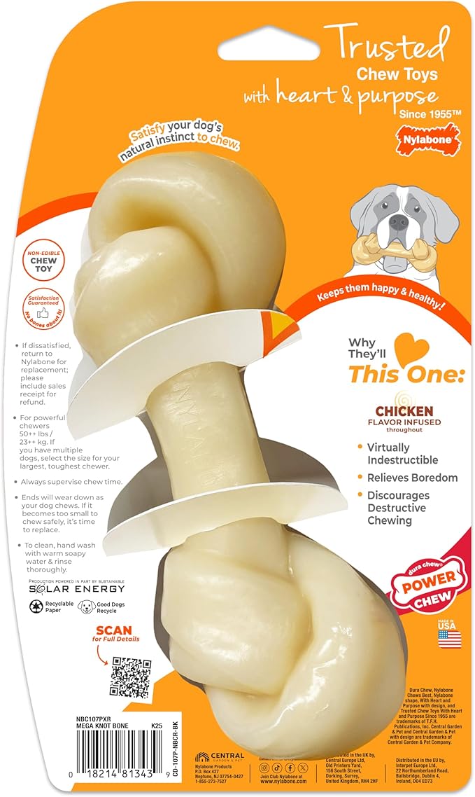 Nylabone Big Chew Mega Knot Bone Power Chew Toy for Large Dogs, Durable Dog Toys for Aggressive Chewers, Destroy Proof Chew Toys To Keep Them Busy, Chicken Flavor, X-Large, 50+ lbs, 1 Count
